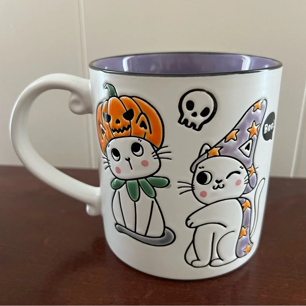 Mug 18 oz Cats Spooky pumpkin witch mug Halloween purple interior NWOT